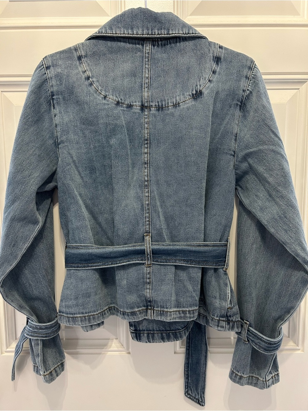 Habitual Wrap Tie Cropped Moto Trench Medium Wash Blue Jean Denim Belted Jacket - Picture 7 of 8